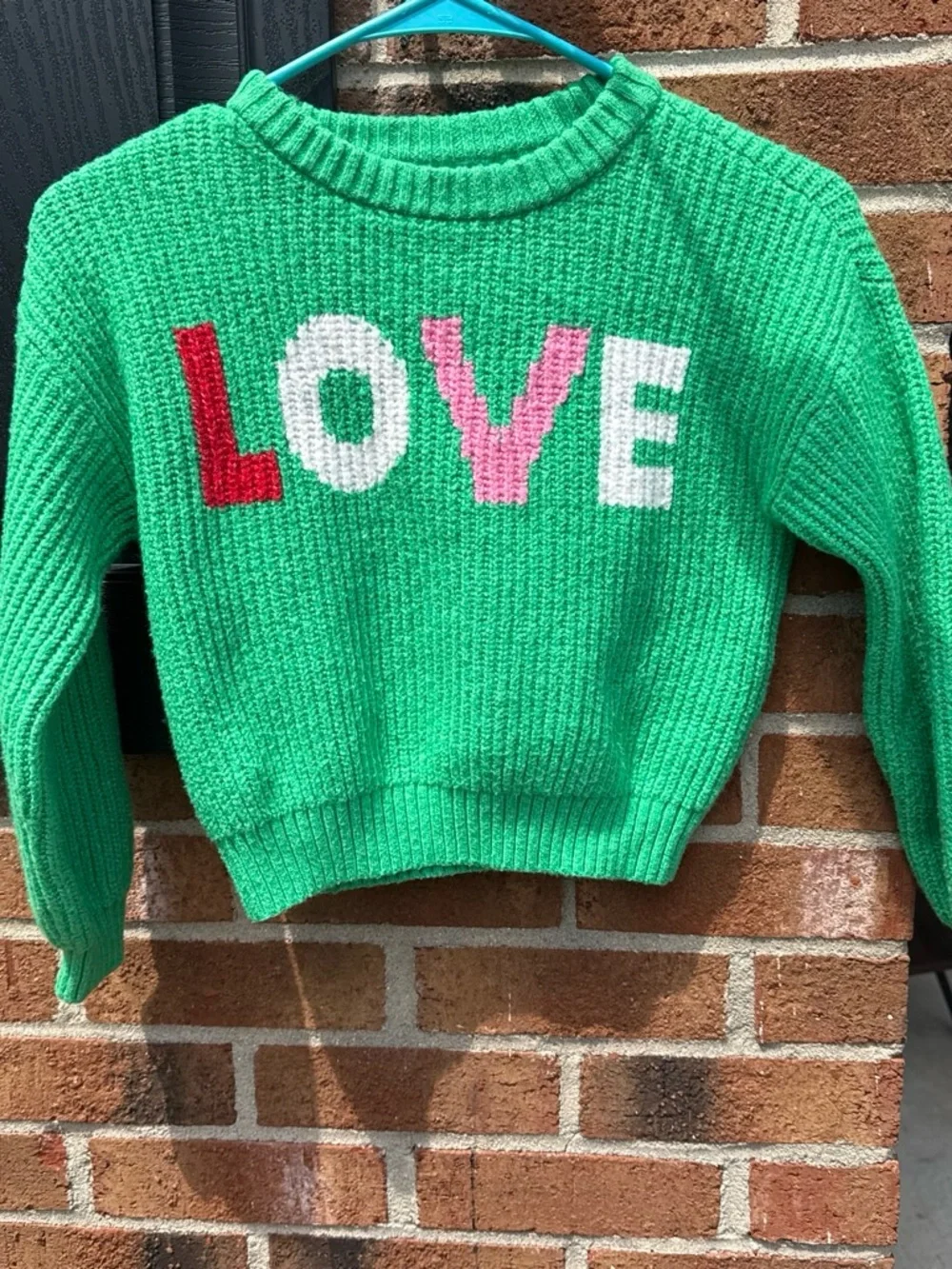 Old Navy Green Knit Sweater with Red, White & Pink LOVE Intarsia